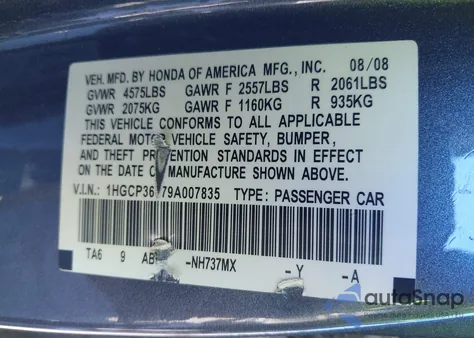 2009 Honda Accord 3.5 Ex-L z USA, uszkodzony, nr VIN 1HGCP36879A007835